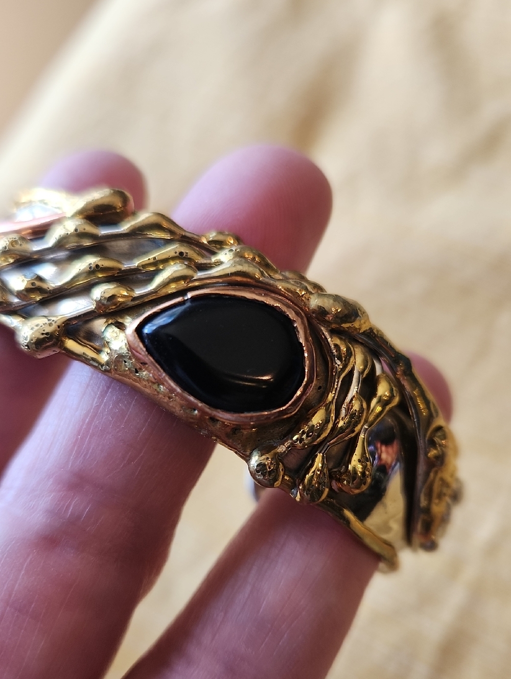 Gold-Tone Mixed Metals Cuff Bracelet with Black Stone Vintage Abstract Copper - Picture 8 of 12